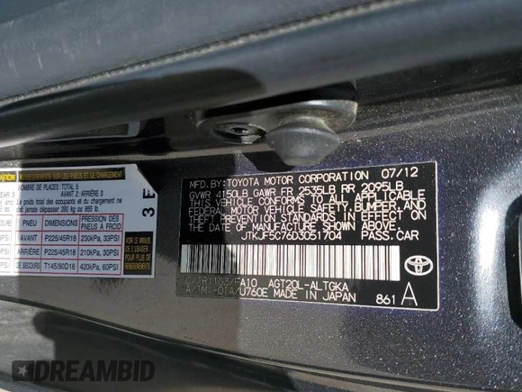 2013 Scion tC with VIN JTKJF5C76D3051704, listed as a Copart auction lot 46220345 with 177,087 mi miles and Salvage Title. Bid and sale history available at carsss.com. Image 12.