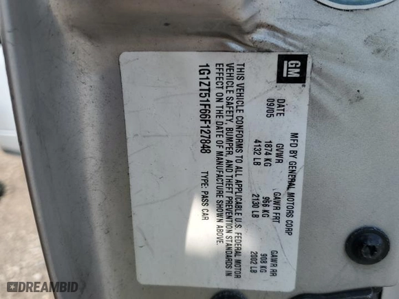 2006 Chevrolet Malibu LT w/0LT with VIN 1G1ZT51F66F127848, listed as a Copart auction lot 51521125 with 0 mi miles and Salvage Title. Bid and sale history available at carsss.com. Image 12.