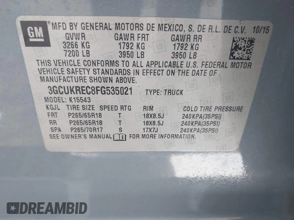 2015 Chevrolet Silverado 1500 LT with VIN 3GCUKREC8FG535021, listed as a IAAI auction lot 42154626 with 125,897 mi miles and . Bid and sale history available at DreamBid. Image 9.
