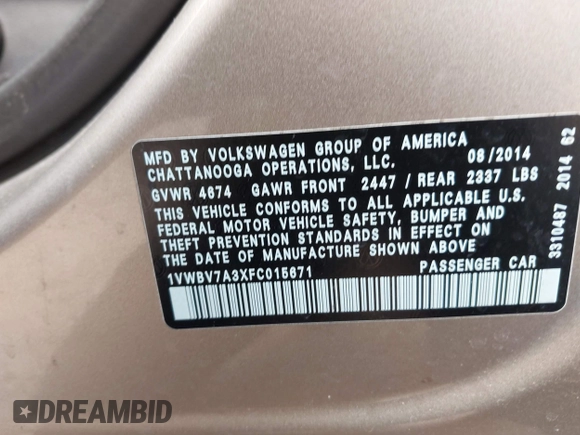 2015 Volkswagen Passat SE z VIN 1VWBV7A3XFC015671, wystawiony jako IAAI lot #41809970 z przebiegiem 192 712 mil mil oraz . Historia ofert i sprzedaży dostępna na DreamBid. Obrazek 9.