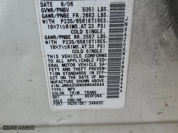2006 Nissan Murano SE with VIN JN8AZ08W06W546844, listed as a Copart auction lot 69667134 with 0 mi miles and Salvage Title. Bid and sale history available at carsss.com. Image 13.