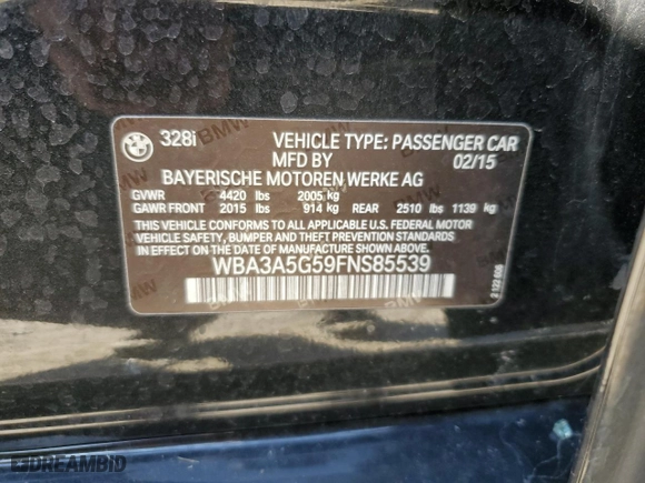 2015 BMW 3 Series 328i with VIN WBA3A5G59FNS85539, listed as a Copart auction lot 48366315 with 79,342 mi miles and Salvage Title. Bid and sale history available at carsss.com. Image 14.