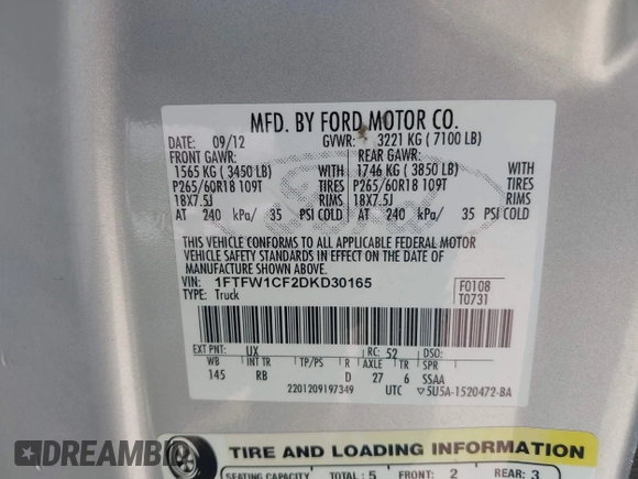 2013 Ford F-150 XL with VIN 1FTFW1CF2DKD30165, listed as a IAAI auction lot 42692583 with 248,421 mi miles and . Bid and sale history available at DreamBid. Image 9.