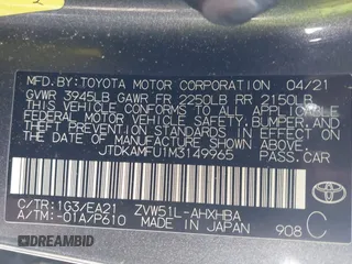 2021 Toyota Prius L Eco with VIN JTDKAMFU1M3149965, listed as a IAAI auction lot 38641916 with 69,942 mi miles. Bid and sale history available at carsss.com. Image 9.