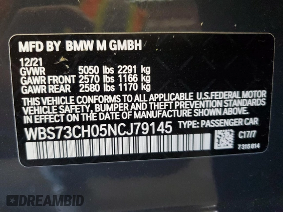 2022 BMW 5 Series with VIN WBS73CH05NCJ79145, listed as a Copart auction lot 78401254 with Not provided miles and Salvage title. Bid and sale history available at DreamBid. Image 13.