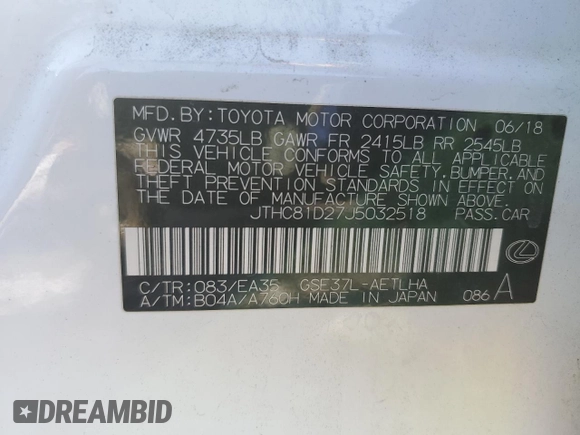 2018 Lexus IS with VIN JTHC81D27J5032518, listed as a Copart auction lot 45505645 with 69,318 mi miles and Salvage Title. Bid and sale history available at carsss.com. Image 12.
