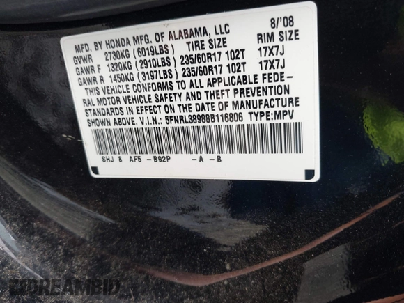 2008 Honda Odyssey Touring with VIN 5FNRL38988B116806, listed as a IAAI auction lot 41920934 with 181,841 mi miles and . Bid and sale history available at DreamBid. Image 9.