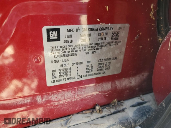 2018 Buick Encore Preferred with VIN KL4CJASB6JB540595, listed as a Copart auction lot 53449355 with 111,200 mi miles and Salvage Title. Bid and sale history available at carsss.com. Image 15.
