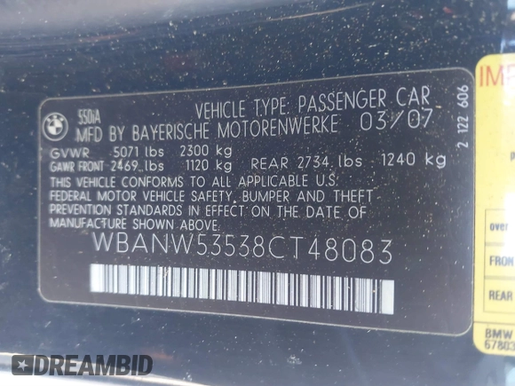 2008 BMW 5 Series 550i with VIN WBANW53538CT48083, listed as a IAAI auction lot 41531003 with 186,943 mi miles. Bid and sale history available at carsss.com. Image 9.