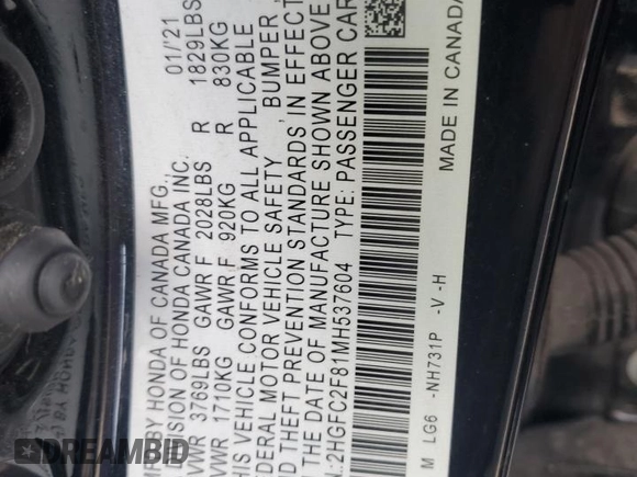 2021 Honda Civic Sport with VIN 2HGFC2F81MH537604, listed as a Copart auction lot 50771195 with 84,500 mi miles and Salvage Title. Bid and sale history available at DreamBid. Image 14.