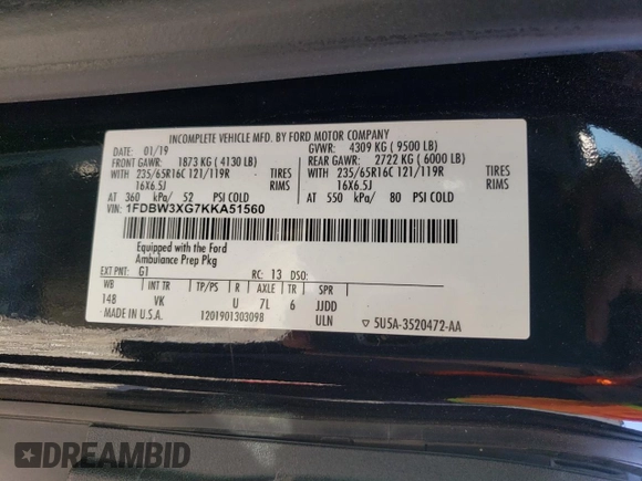 2019 Ford Transit with VIN 1FDBW3XG7KKA51560, listed as a Copart auction lot 76454914 with Not Provided miles and Salvage Title. Bid and sale history available at DreamBid. Image 14.
