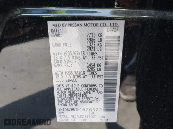 2017 Nissan Pathfinder S with VIN 5N1DR2MN1HC676522, listed as a IAAI auction lot 41949360 with 95,347 mi miles and . Bid and sale history available at DreamBid. Image 9.