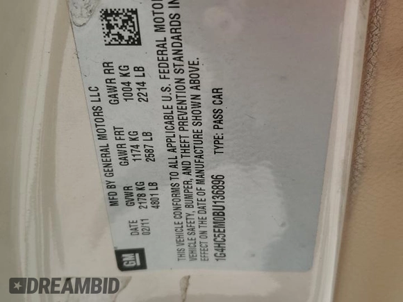 2011 Buick Lucerne CXL with VIN 1G4HC5EM0BU136896, listed as a Copart auction lot 49764835 with 118,413 mi miles and Non Repairable. Bid and sale history available at DreamBid. Image 12.