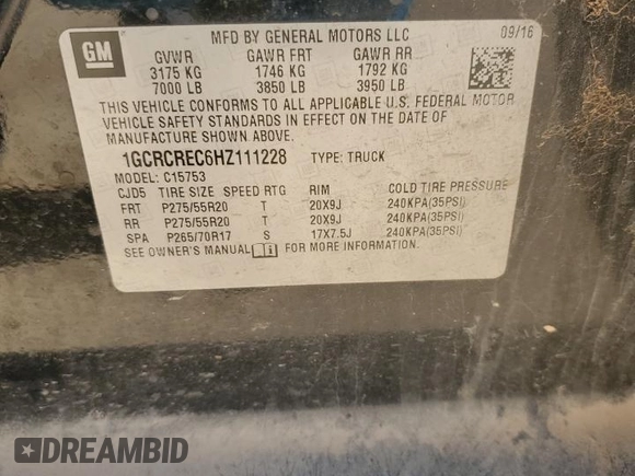 2017 Chevrolet Silverado 1500 LT with VIN 1GCRCREC6HZ111228, listed as a Copart auction lot 47084885 with Not Provided miles and Salvage Title. Bid and sale history available at DreamBid. Image 12.