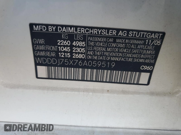 2006 Mercedes-Benz CLS-Class with VIN WDDDJ75X76A059519, listed as a Copart auction lot 72773254 with 99,200 mi miles and Salvage Title. Bid and sale history available at carsss.com. Image 15.