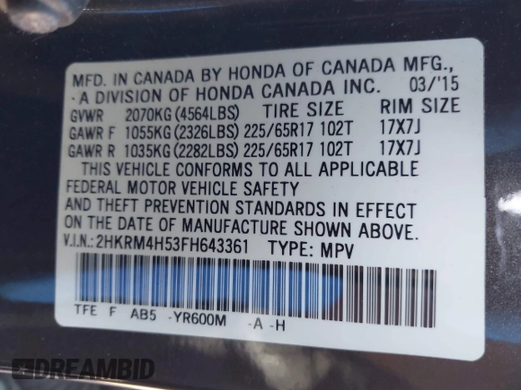 2015 Honda CR-V EX with VIN 2HKRM4H53FH643361, listed as a IAAI auction lot 42080219 with 207,367 mi miles and . Bid and sale history available at DreamBid. Image 9.