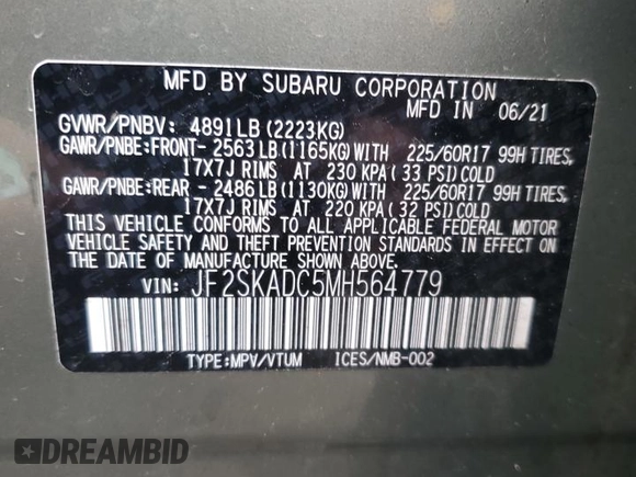 2021 Subaru Forester with VIN JF2SKADC5MH564779, listed as a Copart auction lot 44712865 with 55,475 mi miles and Non Repairable. Bid and sale history available at carsss.com. Image 14.