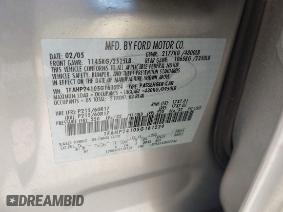 2005 Ford Five Hundred SEL with VIN 1FAHP24105G161224, listed as a IAAI auction lot 42448504 with Not provided miles and . Bid and sale history available at DreamBid. Image 9.
