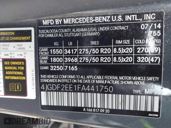 2015 Mercedes-Benz GL-Class GL 350 BlueTEC with VIN 4JGDF2EE1FA441750, listed as a IAAI auction lot 41716996 with 87,026 mi miles. Bid and sale history available at carsss.com. Image 9.
