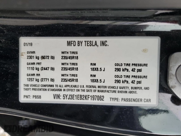 2019 Tesla Model 3 Long Range with VIN 5YJ3E1EB2KF197062, listed as a Copart auction lot 50874925 with 50,989 mi miles and Salvage Title. Bid and sale history available at carsss.com. Image 14.
