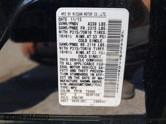 2013 Nissan Rogue S with VIN JN8AS5MT7DW517593, listed as a IAAI auction lot 41966300 with 192,238 mi miles. Bid and sale history available at carsss.com. Image 9.