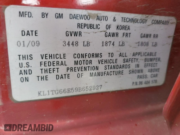 2009 Chevrolet Aveo 2LT z VIN KL1TG66E59B652927, wystawiony jako Copart lot #81853464 z przebiegiem 113 538 mil mil oraz Szkoda całkowita • Salvage title. Historia ofert i sprzedaży dostępna na DreamBid. Obrazek 12.