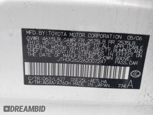 2006 Lexus IS 250 with VIN JTHCK262262007247, listed as a IAAI auction lot 42098013 with 148,221 mi miles and . Bid and sale history available at DreamBid. Image 9.