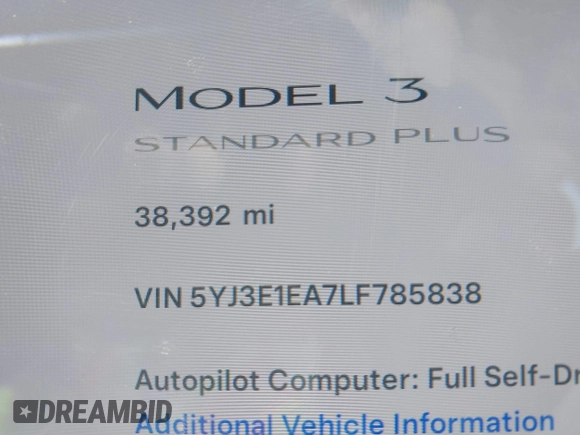 2020 Tesla Model 3 Standard Range Plus with VIN 5YJ3E1EA7LF785838, listed as a IAAI auction lot 41586081 with 38,392 mi miles and . Bid and sale history available at carsss.com. Image 7.