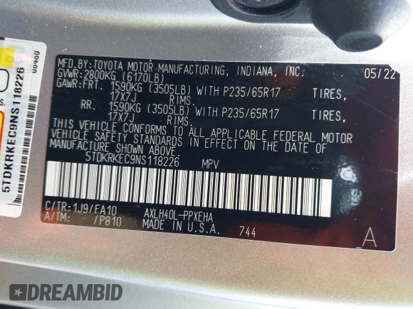 2022 Toyota Sienna LE z VIN 5TDKRKEC9NS118226, wystawiony jako IAAI lot #42535412 z przebiegiem 74 084 mil mil oraz . Historia ofert i sprzedaży dostępna na DreamBid. Obrazek 9.