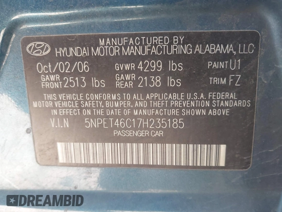 2007 Hyundai Sonata GLS with VIN 5NPET46C17H235185, listed as a IAAI auction lot 42079476 with 184,914 mi miles and . Bid and sale history available at DreamBid. Image 9.