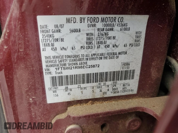 2008 Ford F-250 XL with VIN 1FTSW21R98EC25872, listed as a Copart auction lot 60349775 with Not provided miles and Salvage title. Bid and sale history available at DreamBid. Image 12.