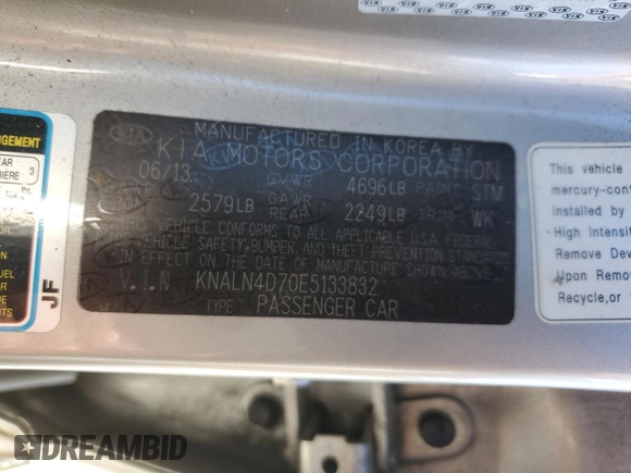 2014 Kia Cadenza Premium with VIN KNALN4D70E5133832, listed as a Copart auction lot 51389574 with 113,266 mi miles and Salvage Title. Bid and sale history available at carsss.com. Image 12.