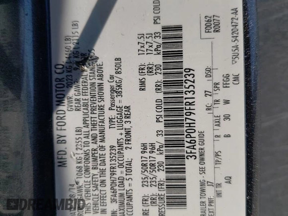 2015 Ford Fusion SE с VIN 3FA6P0H79FR135239, выставлен на аукционе Copart как лот 42052754 с пробегом 178 603 миль миль и Списание • Salvage title. История ставок и продаж доступна на DreamBid. Изображение 12.