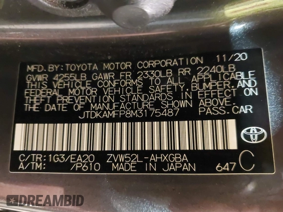 2021 Toyota Prius LE with VIN JTDKAMFP8M3175487, listed as a IAAI auction lot 42176936 with 78,153 mi miles and . Bid and sale history available at DreamBid. Image 9.
