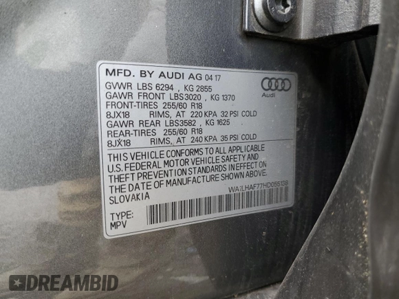 2017 Audi Q7 Premium Plus z VIN WA1LHAF77HD055138, wystawiony jako Copart lot #56114605 z przebiegiem 80 412 mil mil oraz Szkoda całkowita • Salvage title. Historia ofert i sprzedaży dostępna na DreamBid. Obrazek 13.