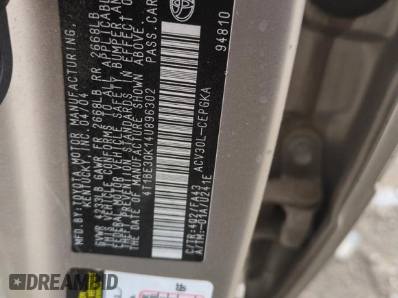 2004 Toyota Camry LE z VIN 4T1BE30K14U896302, wystawiony jako Copart lot #53611815 z przebiegiem 149 894 mil mil oraz Szkoda całkowita • Salvage title. Historia ofert i sprzedaży dostępna na DreamBid. Obrazek 13.