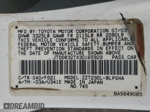 2003 Toyota Celica GT z VIN JTDDR32TX30165929, wystawiony jako Copart lot #59123525 z przebiegiem 222 623 mil mil oraz Szkoda całkowita • Salvage title. Historia ofert i sprzedaży dostępna na DreamBid. Obrazek 13.