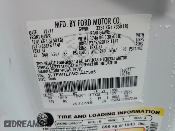 2012 Ford F-150 XL z VIN 1FTFW1EF8CFA47385, wystawiony jako Copart lot #54059614 z przebiegiem 95 599 mil mil oraz Szkoda całkowita • Salvage title. Historia ofert i sprzedaży dostępna na DreamBid. Obrazek 12.