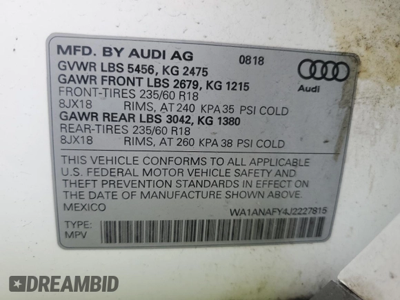 2018 Audi Q5 Premium with VIN WA1ANAFY4J2227815, listed as a Copart auction lot 48627415 with 0 mi miles and Salvage Title. Bid and sale history available at carsss.com. Image 13.