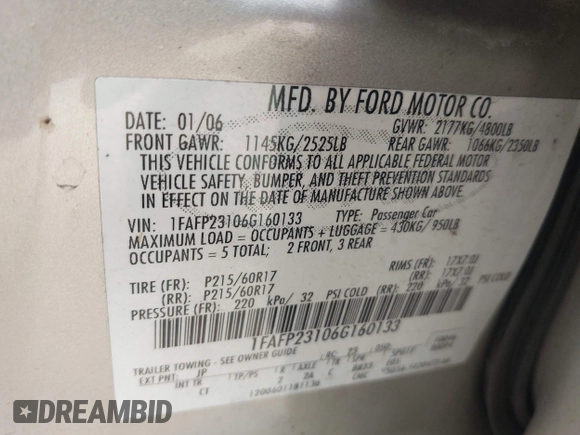 2006 Ford Five Hundred SE с VIN 1FAFP23106G160133, выставлен на аукционе IAAI как лот 42284758 с пробегом 216 810 миль миль и . История ставок и продаж доступна на DreamBid. Изображение 9.