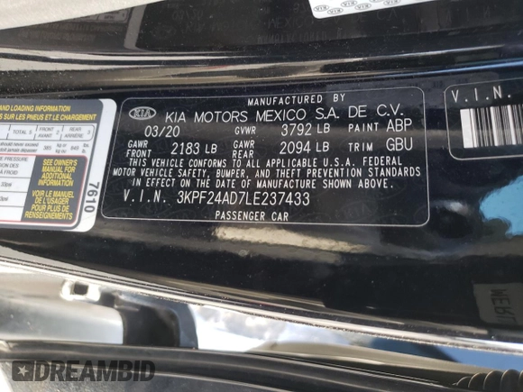 2020 Kia Forte LXS with VIN 3KPF24AD7LE237433, listed as a Copart auction lot 49246045 with 101,800 mi miles and Salvage Title. Bid and sale history available at carsss.com. Image 12.
