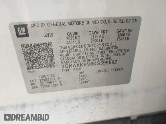2019 Chevrolet Equinox LT z VIN 3GNAXKEV8KS599992, wystawiony jako IAAI lot #42159136 z przebiegiem 85 522 mil mil oraz . Historia ofert i sprzedaży dostępna na DreamBid. Obrazek 9.