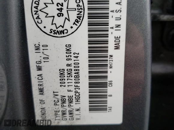 2011 Honda Accord EX-L с VIN 1HGCP3F80BA800142, выставлен на аукционе Copart как лот 35633982 с пробегом 246 993 миль миль и Чистый • Clean title. История ставок и продаж доступна на DreamBid. Изображение 10.