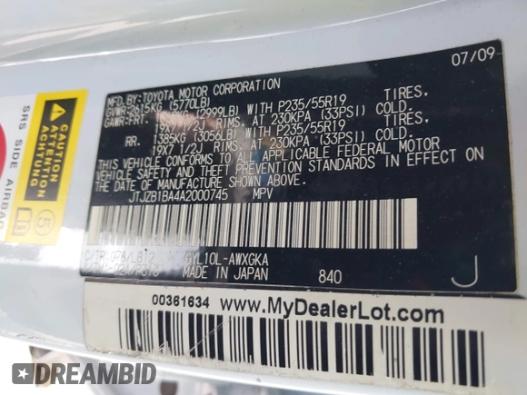 2010 Lexus RX 450h with VIN JTJZB1BA4A2000745, listed as a IAAI auction lot 42508799 with Not provided miles and . Bid and sale history available at DreamBid. Image 9.