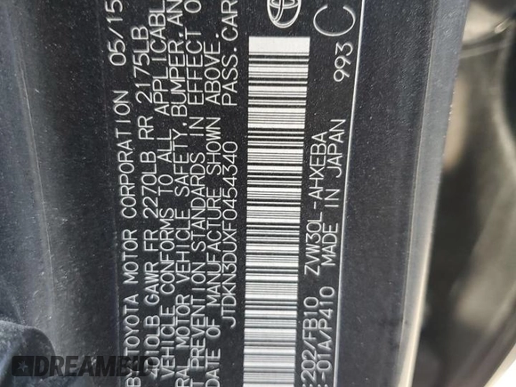 2015 Toyota Prius Four with VIN JTDKN3DUXF0454340, listed as a Copart auction lot 44156845 with 263,231 mi miles and Salvage Title. Bid and sale history available at DreamBid. Image 12.
