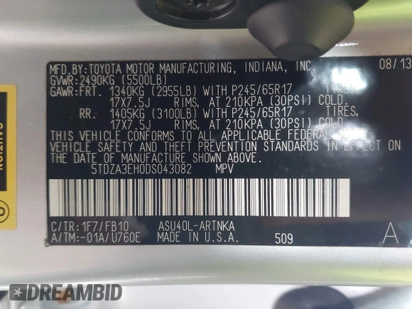 2013 Toyota Highlander with VIN 5TDZA3EH0DS043082, listed as a IAAI auction lot 41943547 with Not Provided miles and . Bid and sale history available at DreamBid. Image 9.