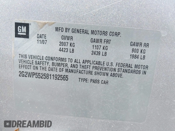 2008 Pontiac Grand Prix with VIN 2G2WP552581192565, listed as a IAAI auction lot 42337791 with 212,132 mi miles and . Bid and sale history available at DreamBid. Image 9.