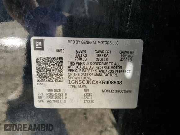 2019 Chevrolet Suburban LT with VIN 1GNSCJKCXKR408508, listed as a Copart auction lot 50618465 with 79,258 mi miles and Salvage Title. Bid and sale history available at carsss.com. Image 15.