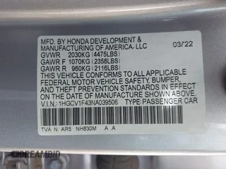 2022 Honda Accord Sedan Sport SE with VIN 1HGCV1F43NA039506, listed as a IAAI auction lot 41200374 with 67,006 mi miles. Bid and sale history available at carsss.com. Image 9.