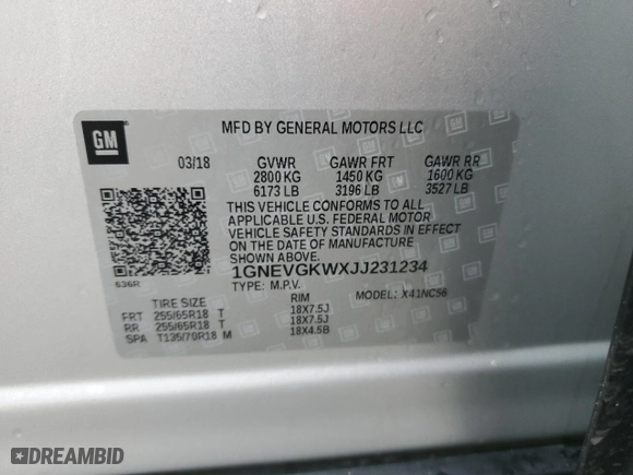 2018 Chevrolet Traverse LT Cloth with VIN 1GNEVGKWXJJ231234, listed as a Copart auction lot 85148074 with 88,410 mi miles and Clean Title. Bid and sale history available at carsss.com. Image 13.